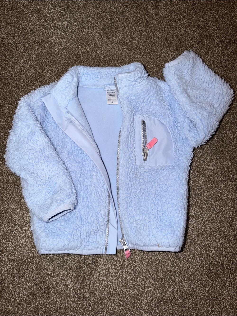 Carter's Light Blue Sherpa Baby Jacket with Pink Zipper Accents